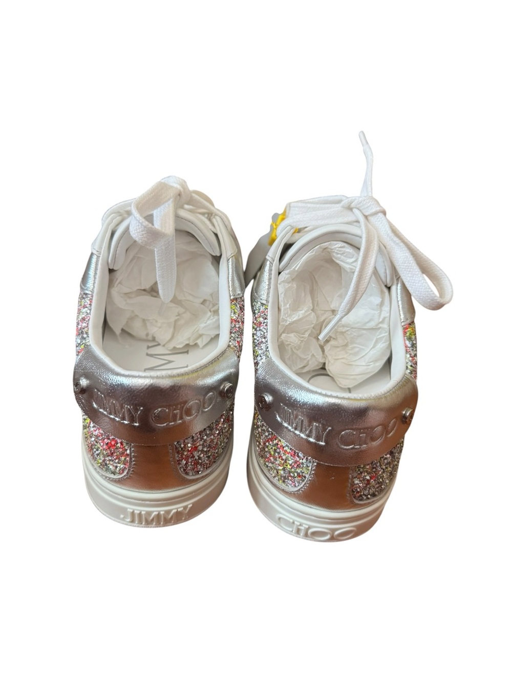 Jimmy Choo White Leather Low-Top Sneakers with Multicolor Glitter Heel - Picture 2 of 10